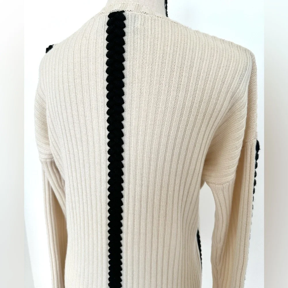 Derek Lam 10 Crosby Ribbed Wool Crewneck Sweater with Braided Detail in Ivory